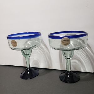 Vintage Set Of 2 80's AMICI HOME Hand Blown Margarita Glasses W/Blue Rim & Base